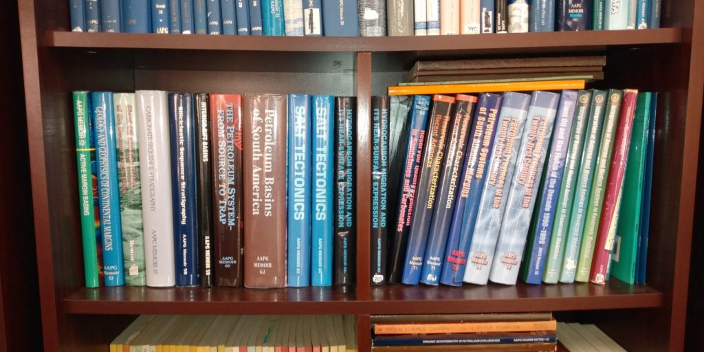 Geology books on a shelf in the MGRRE library