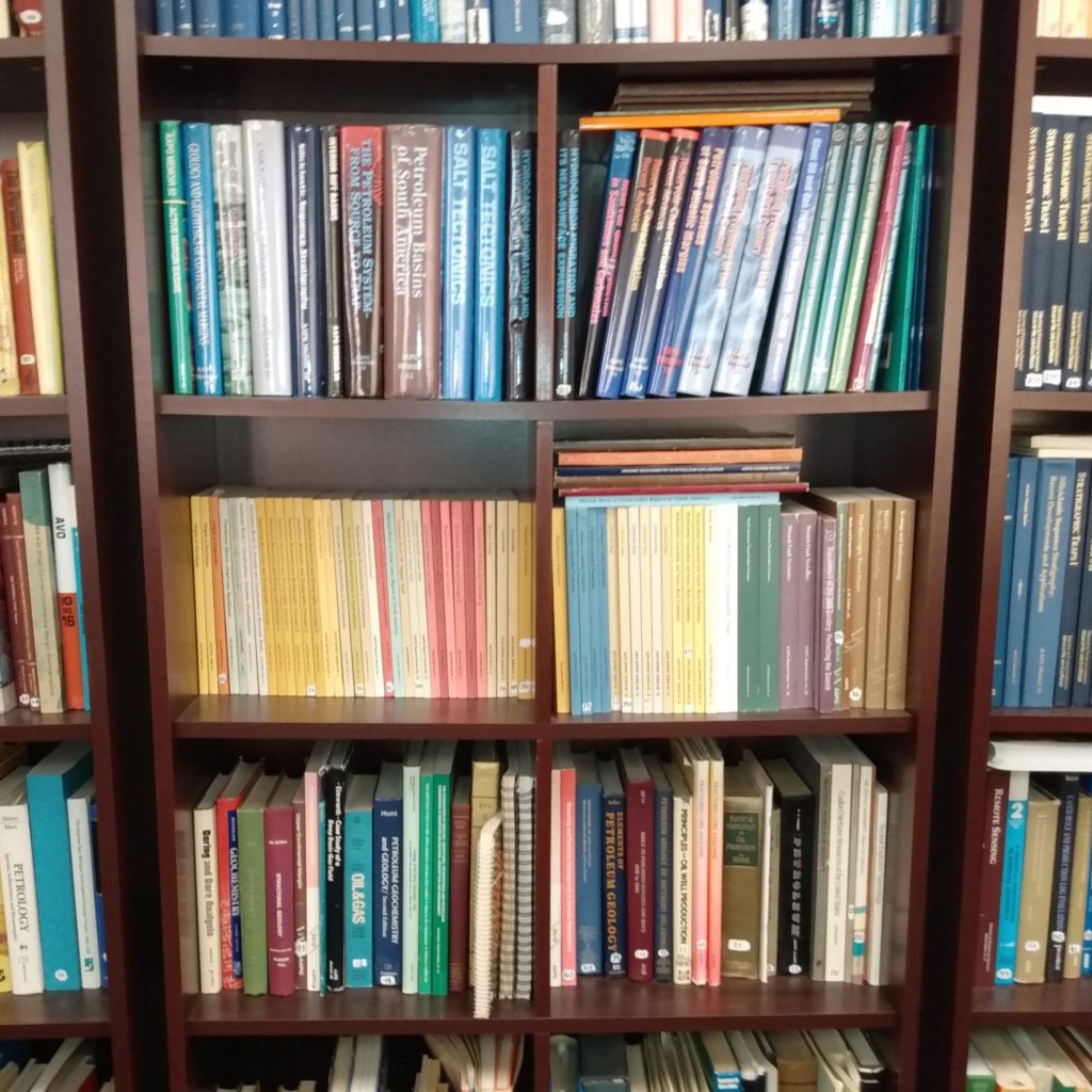 Geology books on a shelf in the MGRRE library