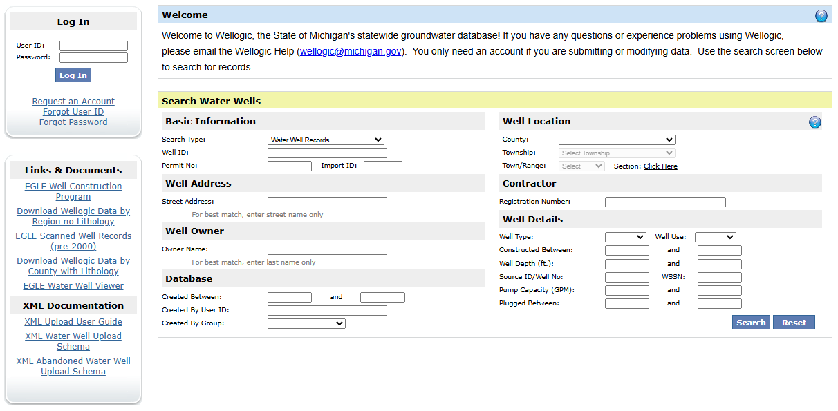 Screenshot of the Wellogic homepage where you can search for water well records.