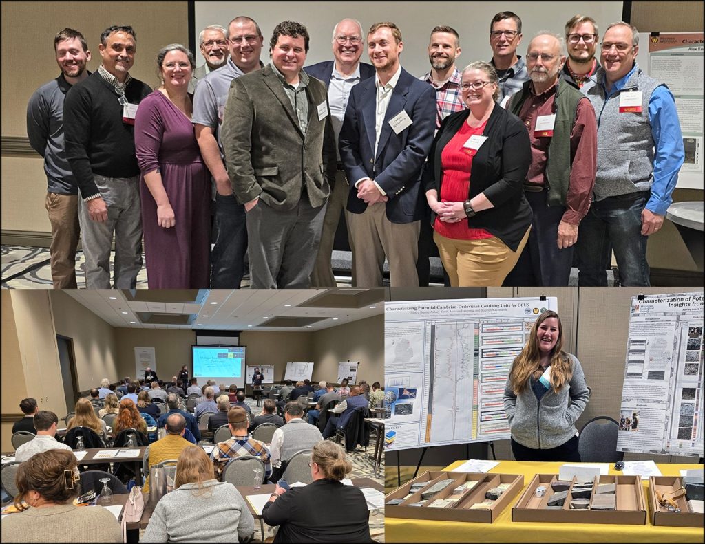 3-image collage from the MGS/MGRRE workshop showing: workshop speakers standing together smilling(top), participants watching a presentation (lower left) and Ashley Scott standing by her poster and rock specimens (lower right)