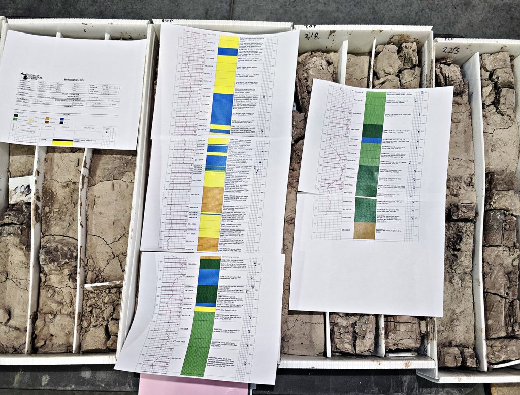 Printout of borehole lithology data compared to cores.