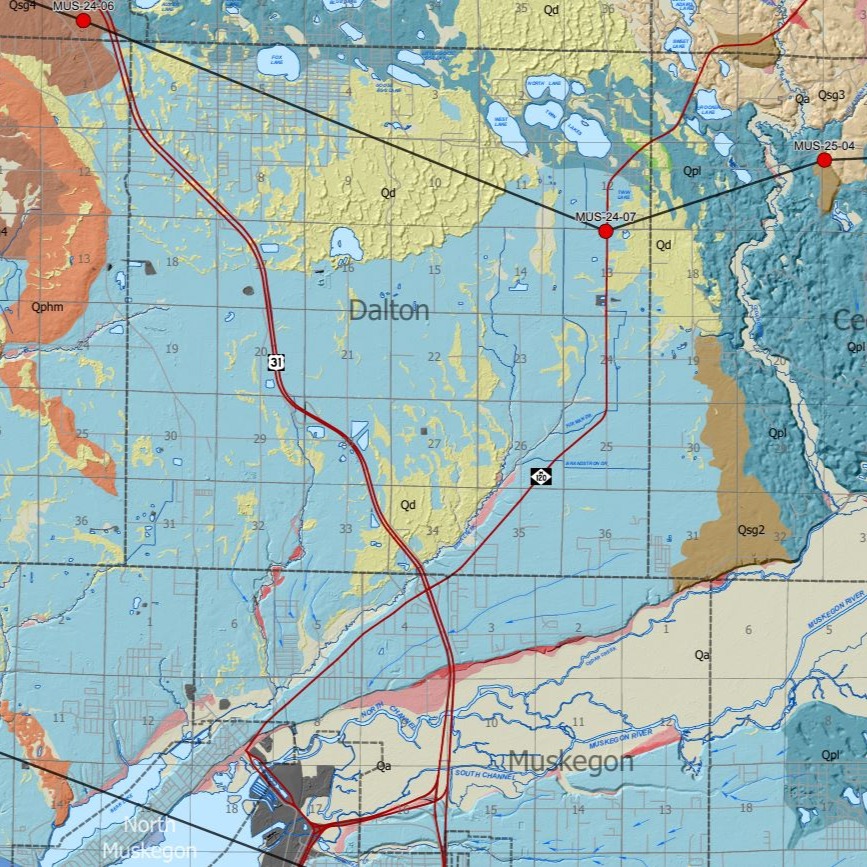 Close up map view of the surficial geology of Muskegon County.