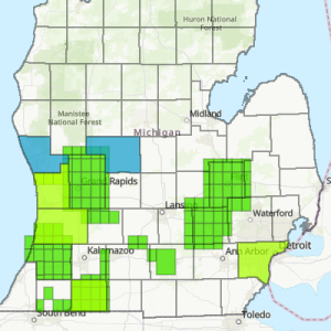 Screenshot highlighting counties and quadrangles where maps are available for download.