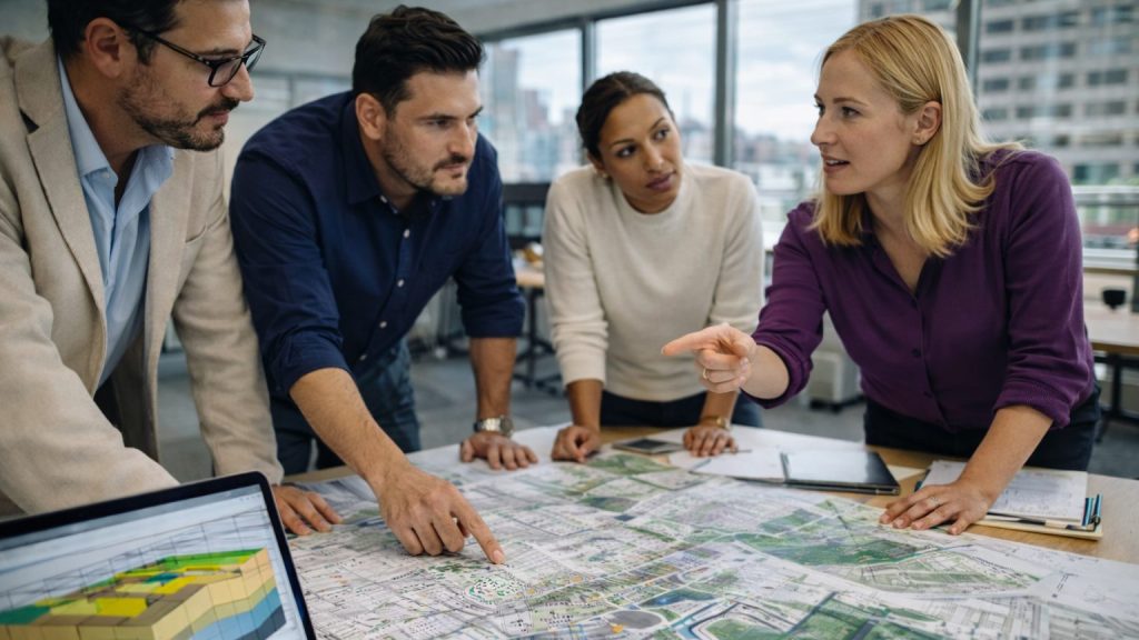 A group of four people leaning over a map, discussing development options.