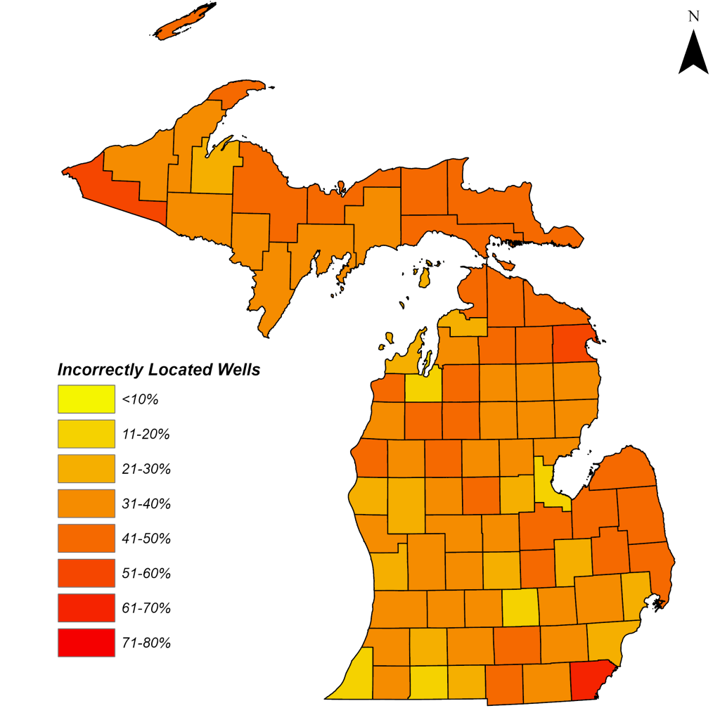 Michigan county map showing the distribution of incorrectly located wells by county.