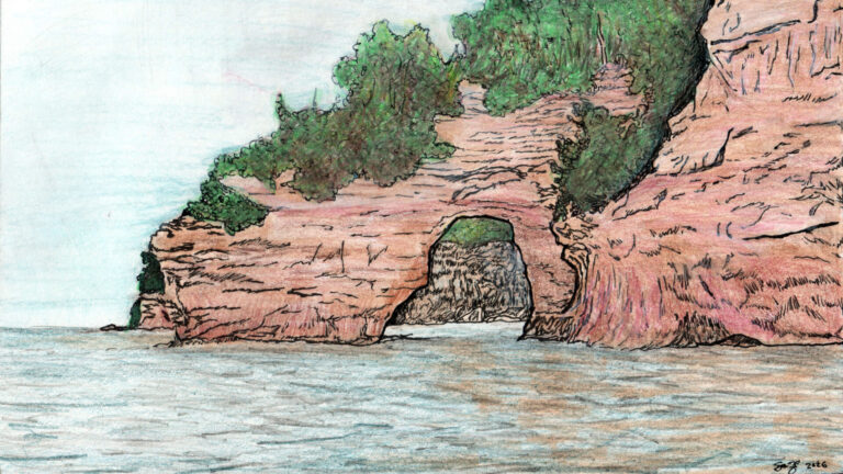 Sketch of the Pictured Rocks Formation in Michigan with a vegetated rocky cliff above Lake Superior